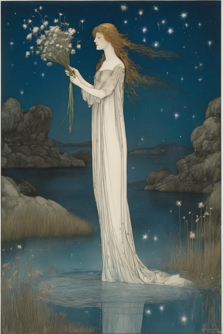 00129-1411150930-John Albert Bauer Style - a woman softly smiling and holding a bouquet of flowers in a lagoon with shooting stars and northern l.png